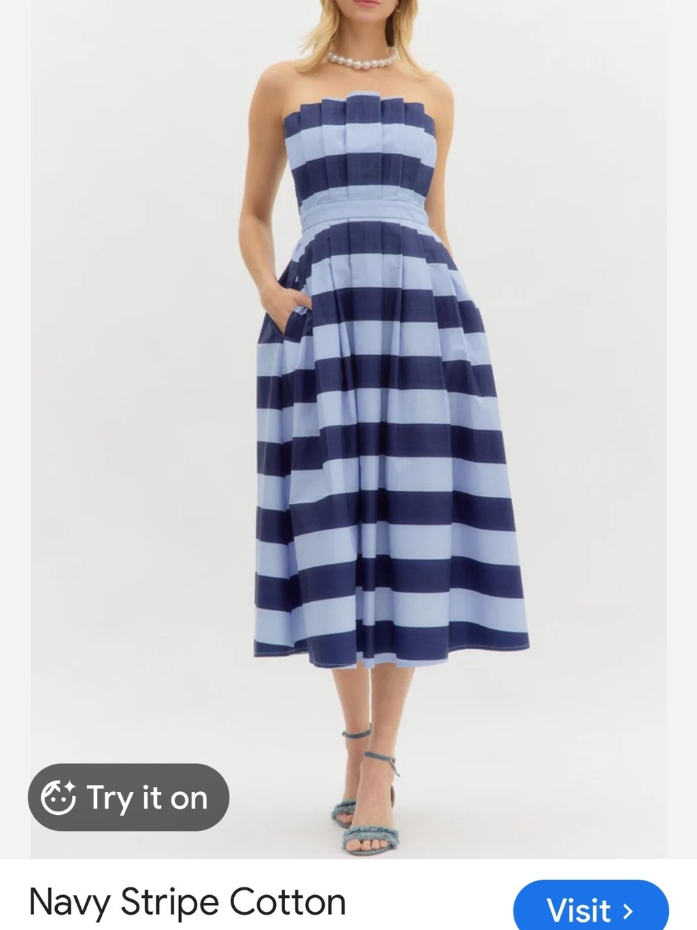 entro Navy and Light Blue Striped Strapless nautical wedding guest Midi Dress - Picture 2 of 11